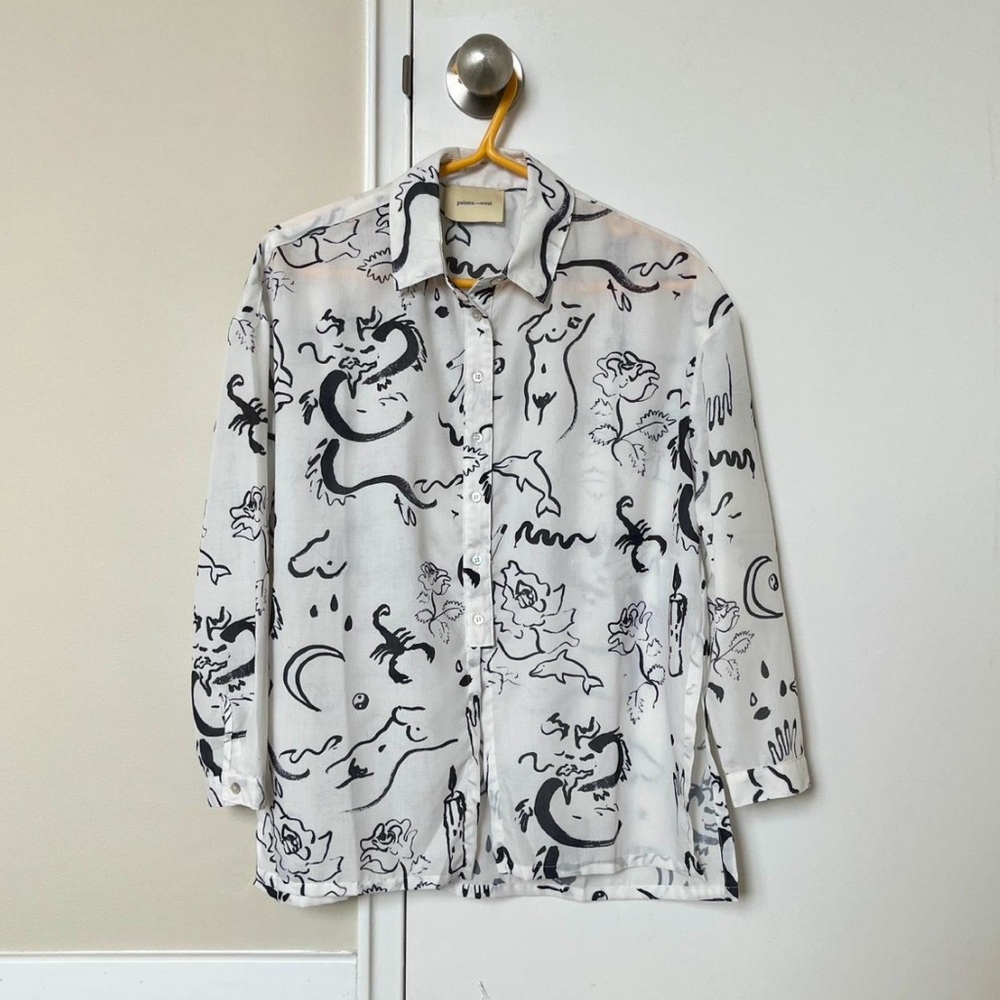 Printed Three-Quarter Sleeve Button-Up Top